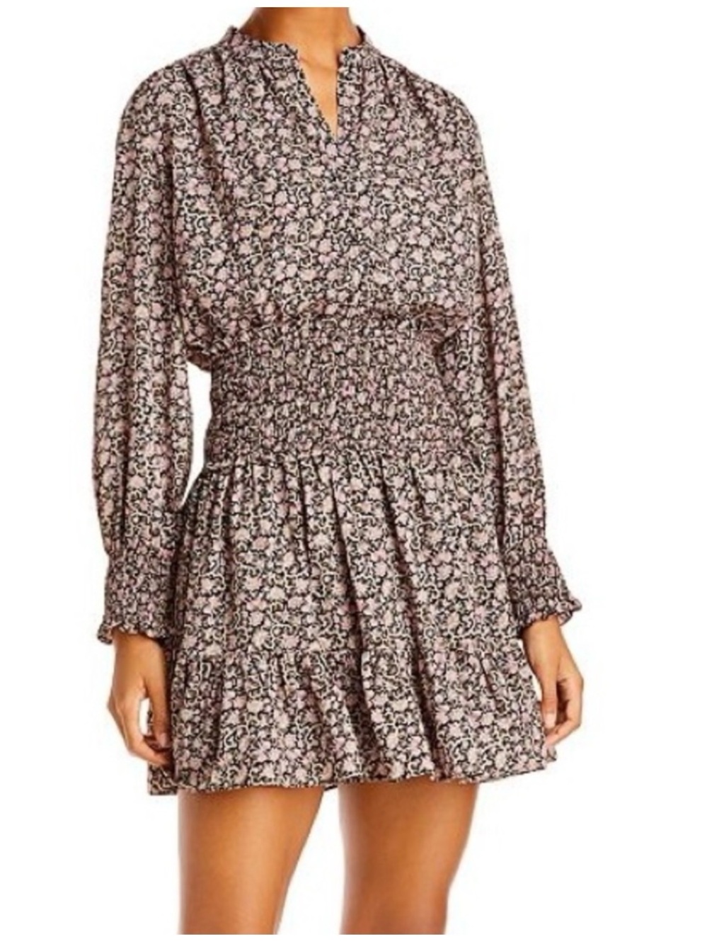 Rebecca Taylor Claudine Ditsy Floral Print Mini Dress long sleeve flare smocked